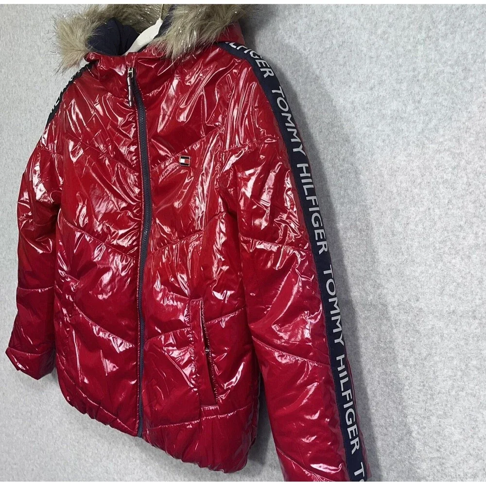 Tommy Hilfiger Girls Puffer Jacket 12/14‎ Lg Red High Shine Chevron Scarlet Logo
